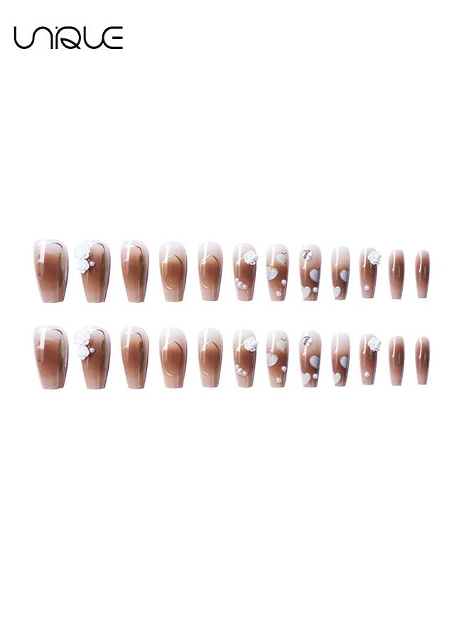 يونيك 24 قطعة أظافر مزيفة - مانيكير باليه متوسط الطول - مانيكير قلب الخوخ اللؤلؤي الماس - مانيكير قهوة الشمبانيا روز مانيكير - رقعة أظافر وهمية - Image 4