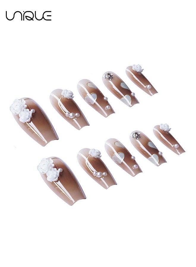 يونيك 24 قطعة أظافر مزيفة - مانيكير باليه متوسط الطول - مانيكير قلب الخوخ اللؤلؤي الماس - مانيكير قهوة الشمبانيا روز مانيكير - رقعة أظافر وهمية - Image 3
