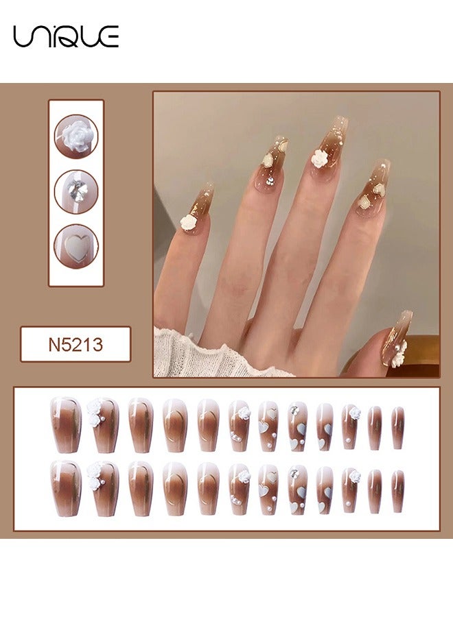 يونيك 24 قطعة أظافر مزيفة - مانيكير باليه متوسط الطول - مانيكير قلب الخوخ اللؤلؤي الماس - مانيكير قهوة الشمبانيا روز مانيكير - رقعة أظافر وهمية - Image 2