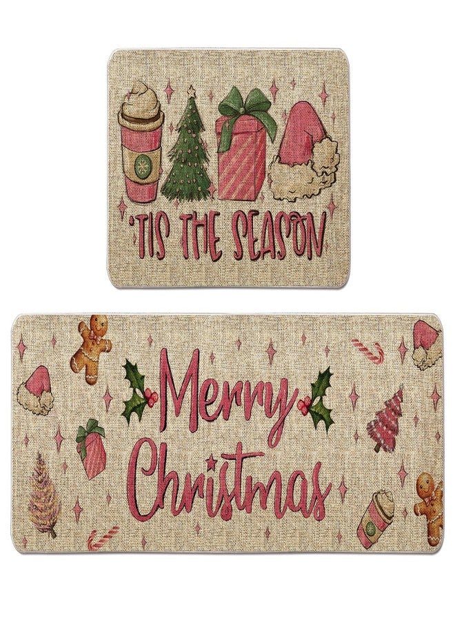 GAGEC Christmas Kitchen Rug Tis The Season Kitchen Mat Set of 2 Xmas Winter Farmhouse Party Floor Mat for Home Kitchen Bathroom Pink Christmas Decorations - 17x27 and 17x47 Inch - Image 1