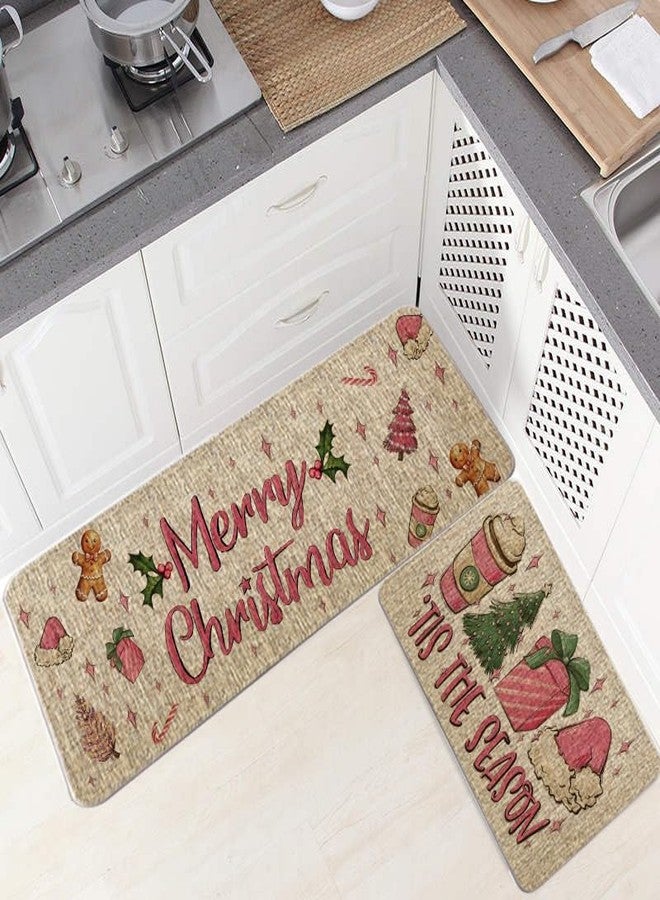 GAGEC Christmas Kitchen Rug Tis The Season Kitchen Mat Set of 2 Xmas Winter Farmhouse Party Floor Mat for Home Kitchen Bathroom Pink Christmas Decorations - 17x27 and 17x47 Inch - Image 4