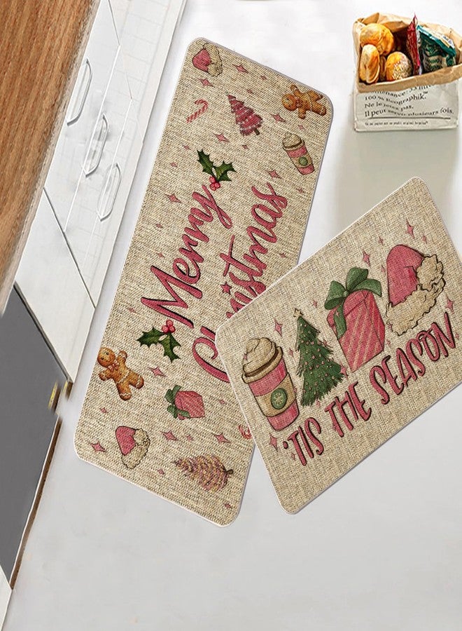 GAGEC Christmas Kitchen Rug Tis The Season Kitchen Mat Set of 2 Xmas Winter Farmhouse Party Floor Mat for Home Kitchen Bathroom Pink Christmas Decorations - 17x27 and 17x47 Inch - Image 3