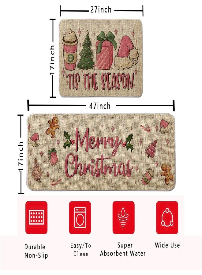 GAGEC Christmas Kitchen Rug Tis The Season Kitchen Mat Set of 2 Xmas Winter Farmhouse Party Floor Mat for Home Kitchen Bathroom Pink Christmas Decorations - 17x27 and 17x47 Inch - Image 2