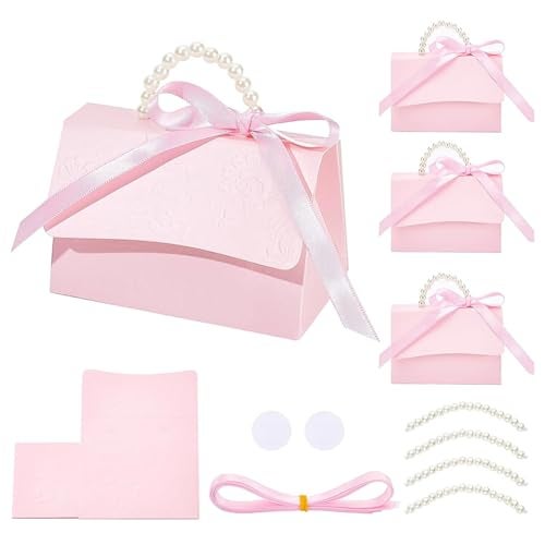 BENECREAT 16Set Wedding Favors Box DIY Set Pink Kraft Paper Box with Pearl Handle Ribbons Stickers Gift Boxes for Birthday Party Favor Boutique Wedding and Anniversary - Image 1
