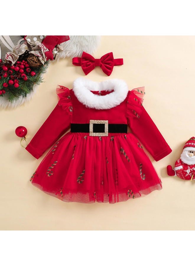 BemeyourBBs Baby Girl Christmas Dress Long Sleeve Tulle Dress with Fluff Hem Headband Toddler Girl Christmas Outfits (18-24 Months, Candy Cane Red) - Image 2