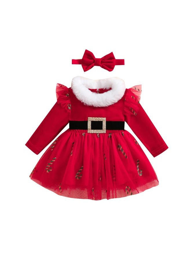 BemeyourBBs Baby Girl Christmas Dress Long Sleeve Tulle Dress with Fluff Hem Headband Toddler Girl Christmas Outfits (18-24 Months, Candy Cane Red) - Image 1
