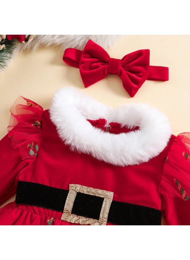 BemeyourBBs Baby Girl Christmas Dress Long Sleeve Tulle Dress with Fluff Hem Headband Toddler Girl Christmas Outfits (18-24 Months, Candy Cane Red) - Image 4