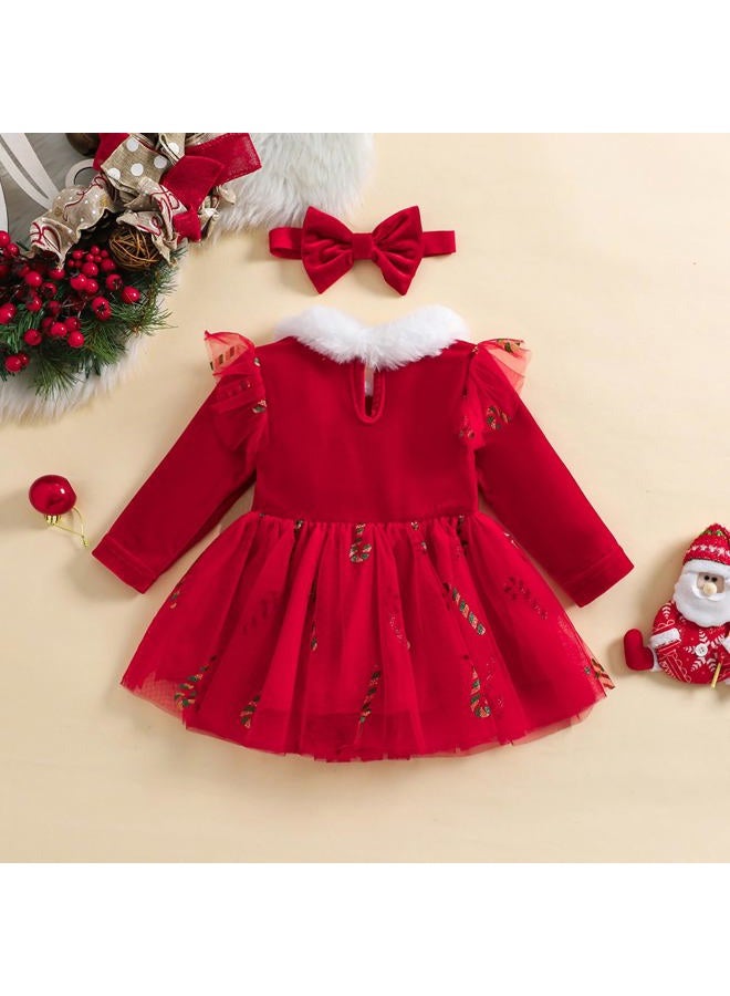 BemeyourBBs Baby Girl Christmas Dress Long Sleeve Tulle Dress with Fluff Hem Headband Toddler Girl Christmas Outfits (18-24 Months, Candy Cane Red) - Image 3