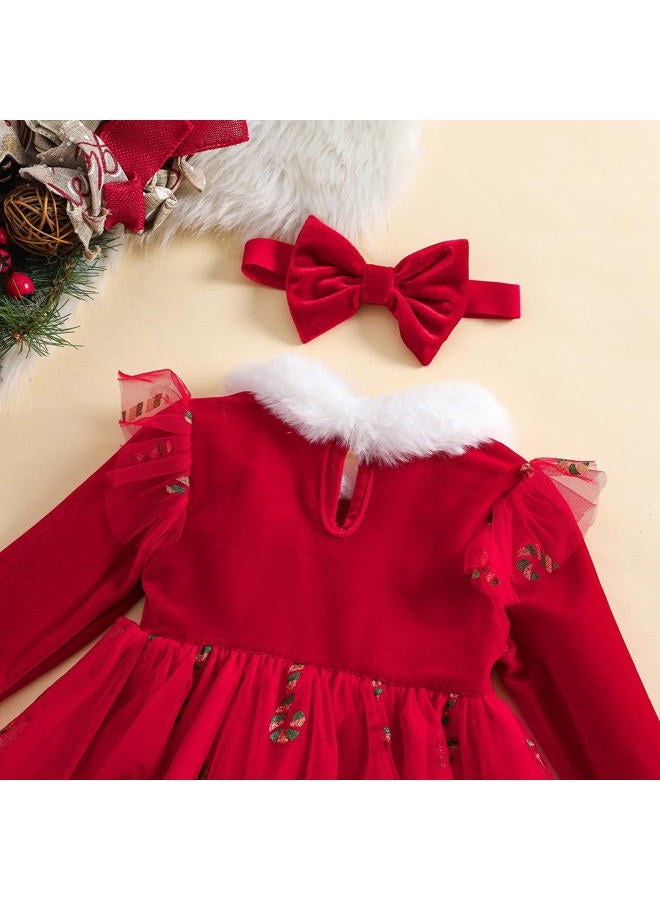 BemeyourBBs Baby Girl Christmas Dress Long Sleeve Tulle Dress with Fluff Hem Headband Toddler Girl Christmas Outfits (18-24 Months, Candy Cane Red) - Image 5