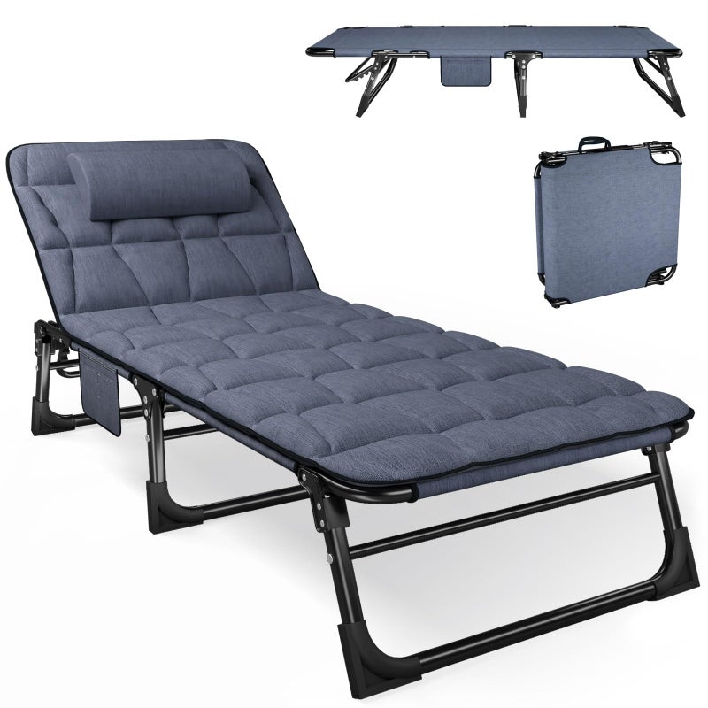ATORPOK Folding Camping Cot for Adults with Padded Mattress and Pillow, Adjustable Reclining Lounger Sleeping Cot Bed, Ideal for Camping, Travel, Garden, or Office Use, Blue - Image 1