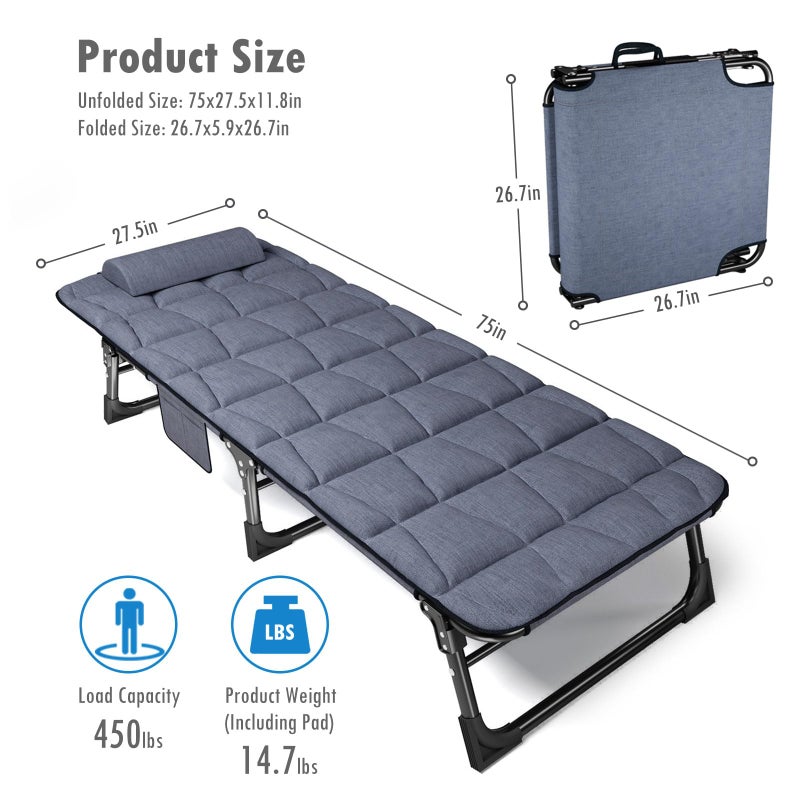 ATORPOK Folding Camping Cot for Adults with Padded Mattress and Pillow, Adjustable Reclining Lounger Sleeping Cot Bed, Ideal for Camping, Travel, Garden, or Office Use, Blue - Image 2