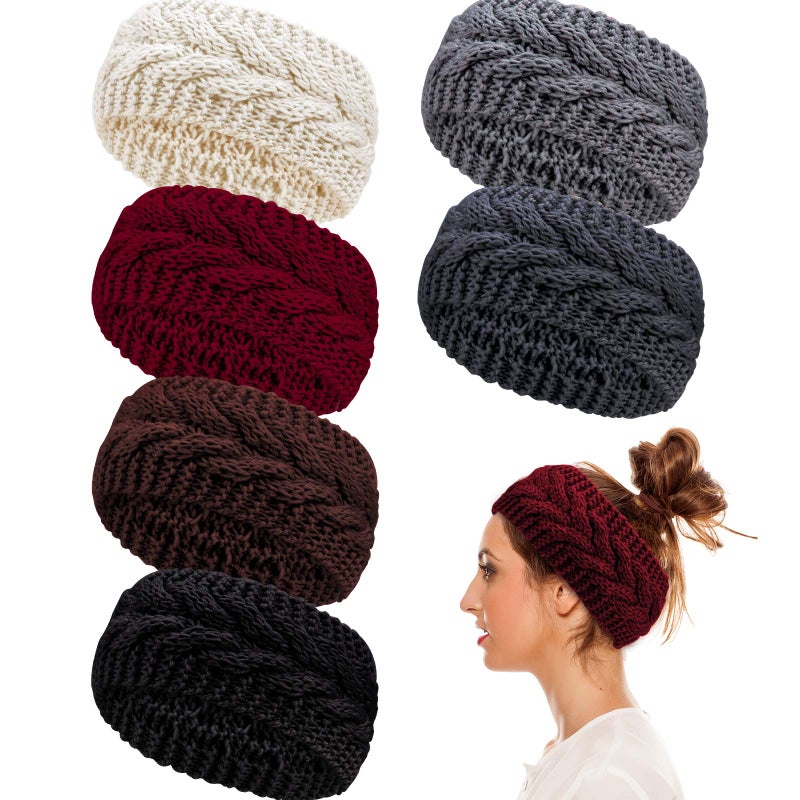 Whaline 6 Pieces Twist Knitted Headbands Winter Ear Warmers Crocheted Turban Head Wraps Elastic Hair Band Accessories Hair Scrunchies Scarves for Women Girls AutumnWinter Colors