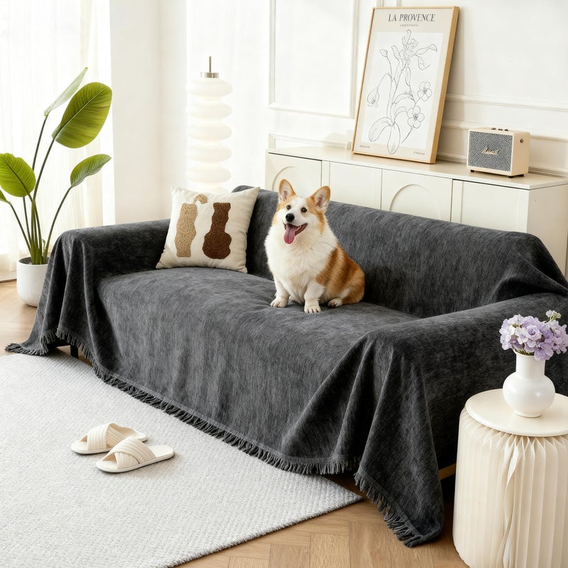 KaviKon Couch Cover for Dogs, Boho Sofa Covers for 3 Cushion Couch, Chenille Sofa Slipcover for Pets Washable, L-Shape Sectional Couch Cover Soft Throw Blankets with Tassels(71x118,Charcoal Grey) - Image 1