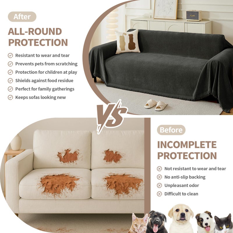 KaviKon Couch Cover for Dogs, Boho Sofa Covers for 3 Cushion Couch, Chenille Sofa Slipcover for Pets Washable, L-Shape Sectional Couch Cover Soft Throw Blankets with Tassels(71x118,Charcoal Grey) - Image 2