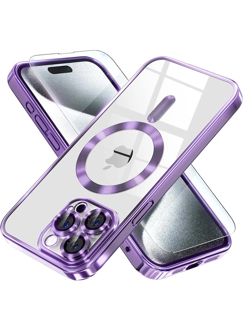 Theodor Magnetic Case for iPhone 15 Pro Max with MagSafe Drop Protection Full Camera Lens Protector Plating Soft Clear Phone Case 6.7 inch - Purple - Image 1