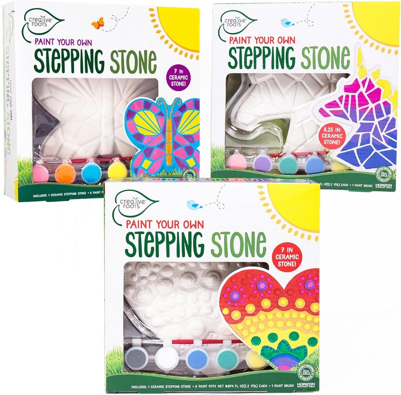 Creative Roots Paint Your Own Stepping Stones Multipack with Butterfly, Unicorn, & Heart, 3 Ceramic Stepping Stones (7 Inch Each), 18 Acrylic Paints, 3 Paintbrushes, Ages 8+ - Image 1