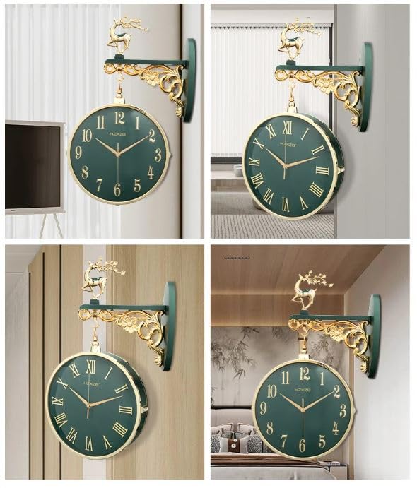 Glaceon 1pc Double Sided Wall Clock Iron Art Clock Living Room Retro Clock Metal Round Battery Powered Silent Clock Photo Props Outdoor Decor W3Green - Image 4