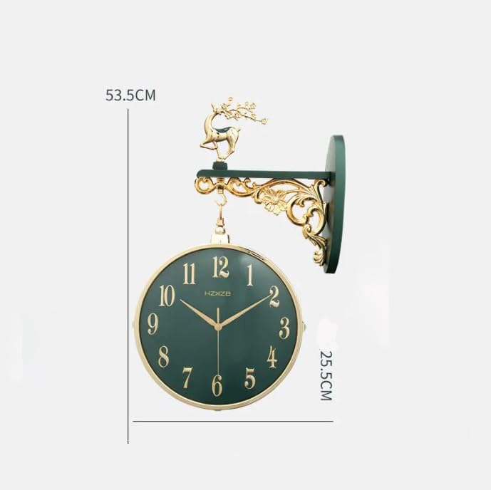 Glaceon 1pc Double Sided Wall Clock Iron Art Clock Living Room Retro Clock Metal Round Battery Powered Silent Clock Photo Props Outdoor Decor W3Green - Image 5