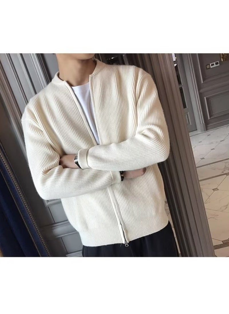 Generic - Mens Knitted Sweater Jacket Pure Color Casual Slim Fit Winter Outerwear round Neck Long Sleeve Youth Fashion Wool Blend Apricot - Image 1
