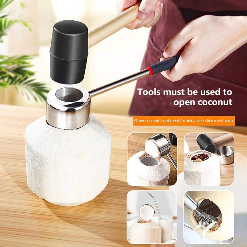 CJFocus Coconut Opener Tool Set, Safe & Easy to Open Young & Mature Coconuts Tool, Food Grade Stainless Steel Coco Nut Opener Kit with Rubber Mallet Meat Removal, Scraper, Straw & Silicone Mat, ALL IN ONE Bag - Image 3