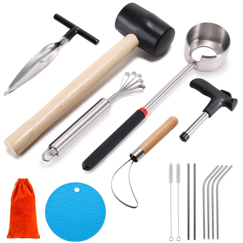 CJFocus Coconut Opener Tool Set, Safe & Easy to Open Young & Mature Coconuts Tool, Food Grade Stainless Steel Coco Nut Opener Kit with Rubber Mallet Meat Removal, Scraper, Straw & Silicone Mat, ALL IN ONE Bag - Image 1