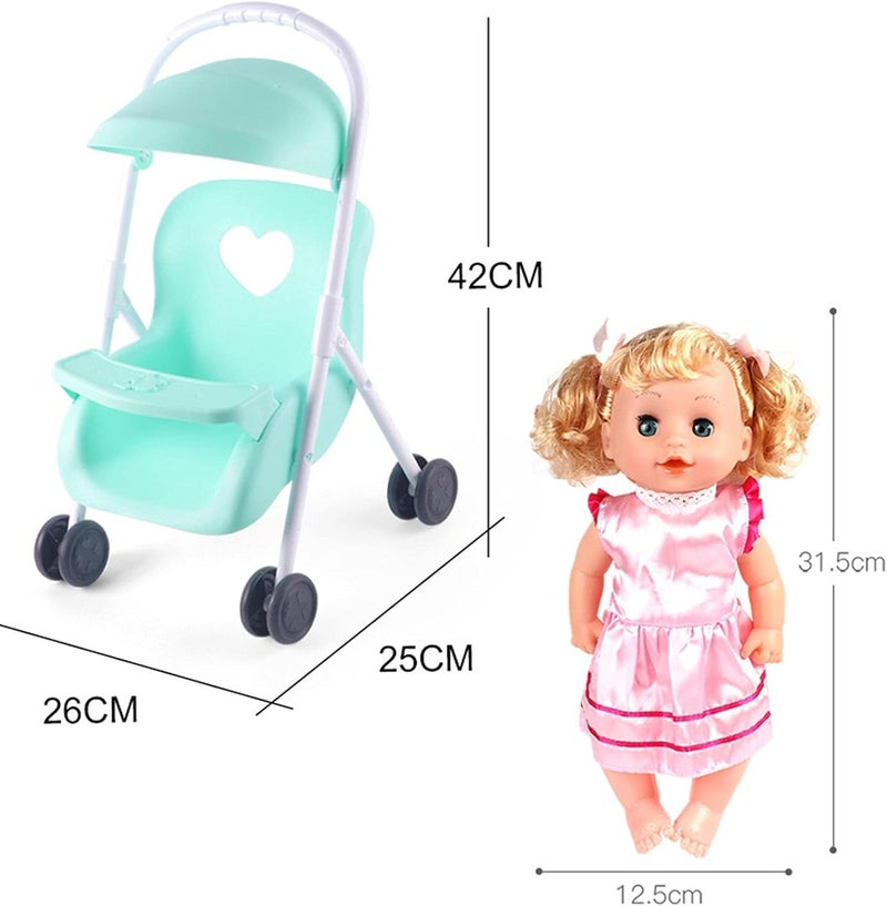 klarako Baby Doll Stroller Set with 12 inch Doll Doll Stroller with Hood and Basket Pretend Play Toy Pram Gift for Toddlers and Kids - Pink - Image 3