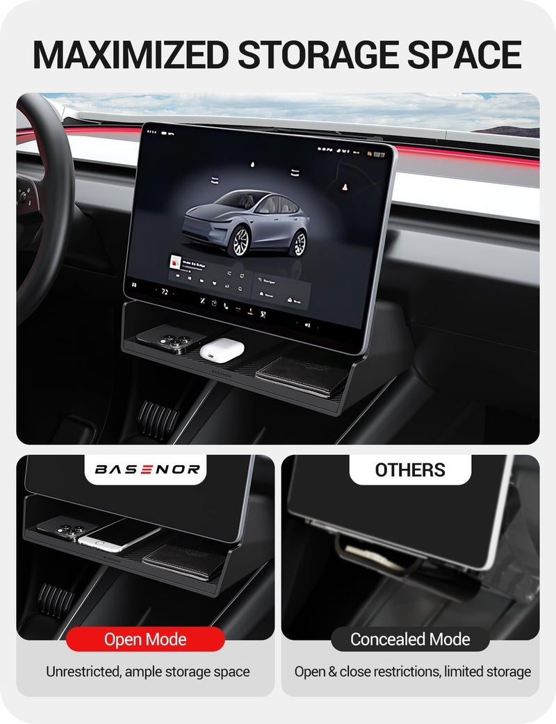 BASENOR 2026 Tesla Model Y Model 3 Under Screen Storage Box [100% Secure] Center Console Organizer Tray for Model Y Juniper 2025 2026 Model 3 Highland 2024 2025 2026 (Standard, Premium & Performance) - Image 4