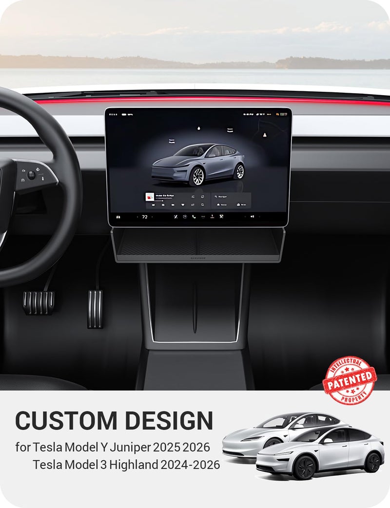 BASENOR 2026 Tesla Model Y Model 3 Under Screen Storage Box [100% Secure] Center Console Organizer Tray for Model Y Juniper 2025 2026 Model 3 Highland 2024 2025 2026 (Standard, Premium & Performance) - Image 2