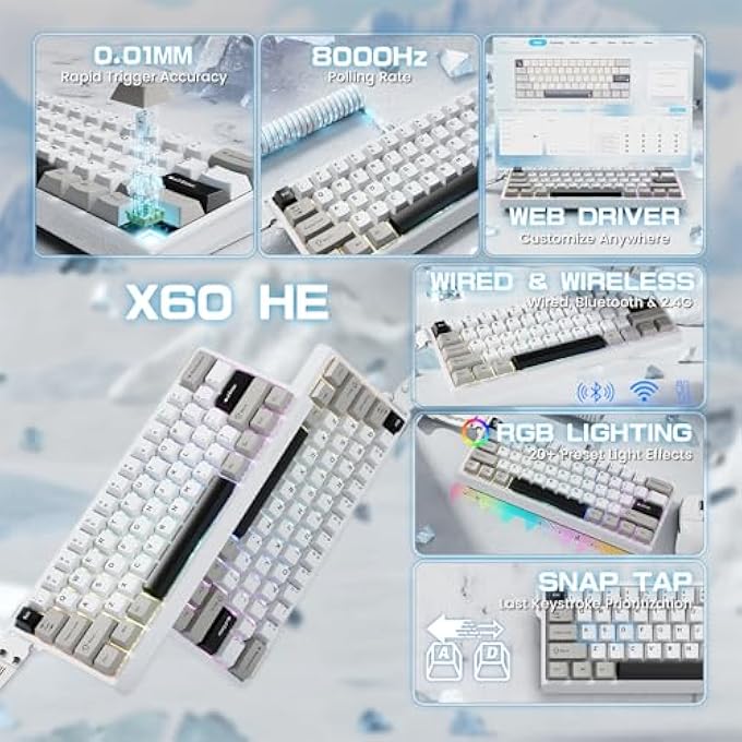 MAMBASNAKE X60 HE RAPID TRIGGER WIRELESS GAMING KEYBOARD, 0.01 MM RT ACCURACY 8000HZ WIRED RGB KEYBOARD, SPIRAL CABLE, MAGNETIC SWITCHES, ADJUSTABLE ACTUATION, SNAP TAP, FOR PC/MAC - Image 2