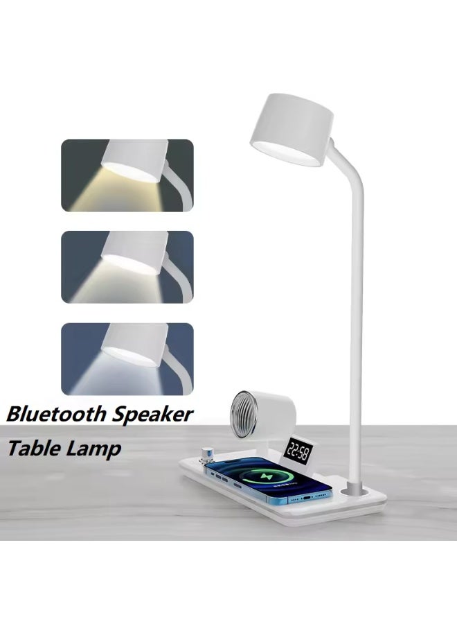 مصباح طاولة LED 4 في 1 مع مكبر صوت بلوتوث، وشحن لاسلكي للهاتف، ومنفذ USB، ومفتاح لمس، وساعة رقمية، وإضاءة قابلة للتعتيم - مصباح مكتب عصري لغرفة النوم، والمكتب، والقراءة، والإضاءة المحيطة - Image 2
