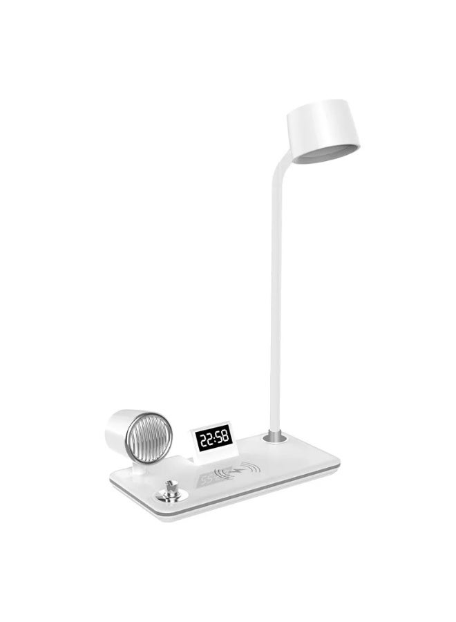 مصباح طاولة LED 4 في 1 مع مكبر صوت بلوتوث، وشحن لاسلكي للهاتف، ومنفذ USB، ومفتاح لمس، وساعة رقمية، وإضاءة قابلة للتعتيم - مصباح مكتب عصري لغرفة النوم، والمكتب، والقراءة، والإضاءة المحيطة - Image 1
