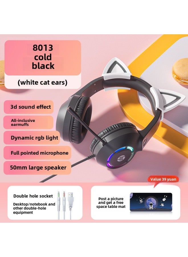 Headset Live Wired Game Desktop Computer Cat Ear Headset Electronic Competition Notebook-Color:Package 4 Metal Headphone Stand-cold Cute Black [white Cat Ears]  - Image 1