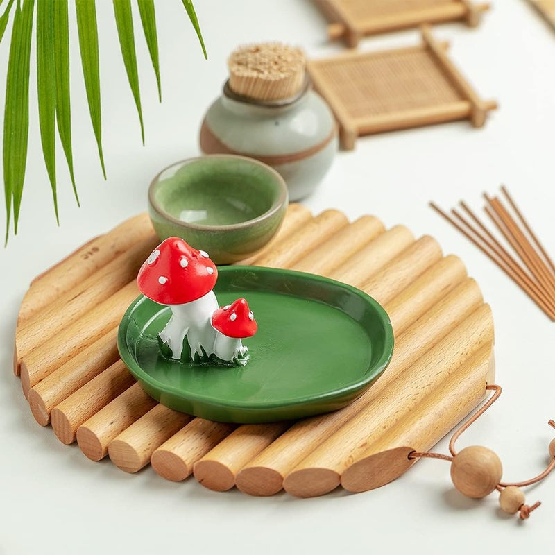 CHUNCHE Cute Mushroom Incense Holder with 30 Incense Sticks, Handmade Resin Burner, Nature Theme Incense Tray, Adorable Home Decoration Accessories(Green) - Image 2