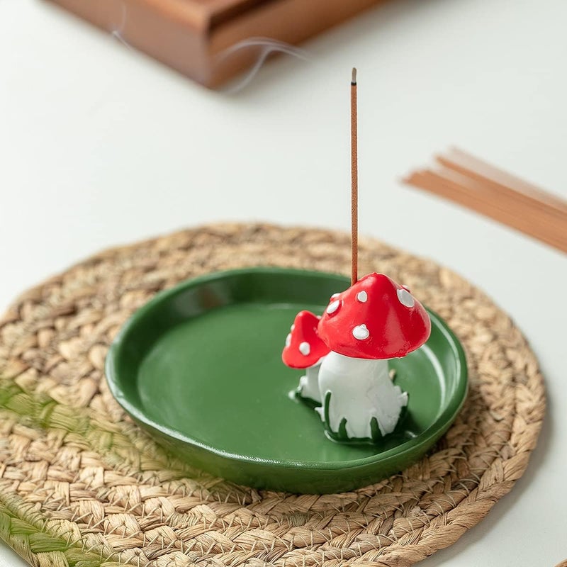 CHUNCHE Cute Mushroom Incense Holder with 30 Incense Sticks, Handmade Resin Burner, Nature Theme Incense Tray, Adorable Home Decoration Accessories(Green) - Image 3