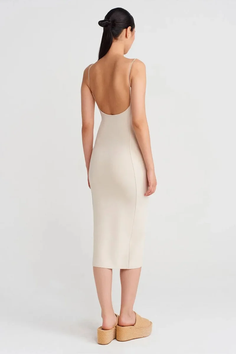 Dilvin Cream Natural DILVIN Sleeveless Bodycon Midi Dress With Cut-Out Detail for Women | Best Price UAE