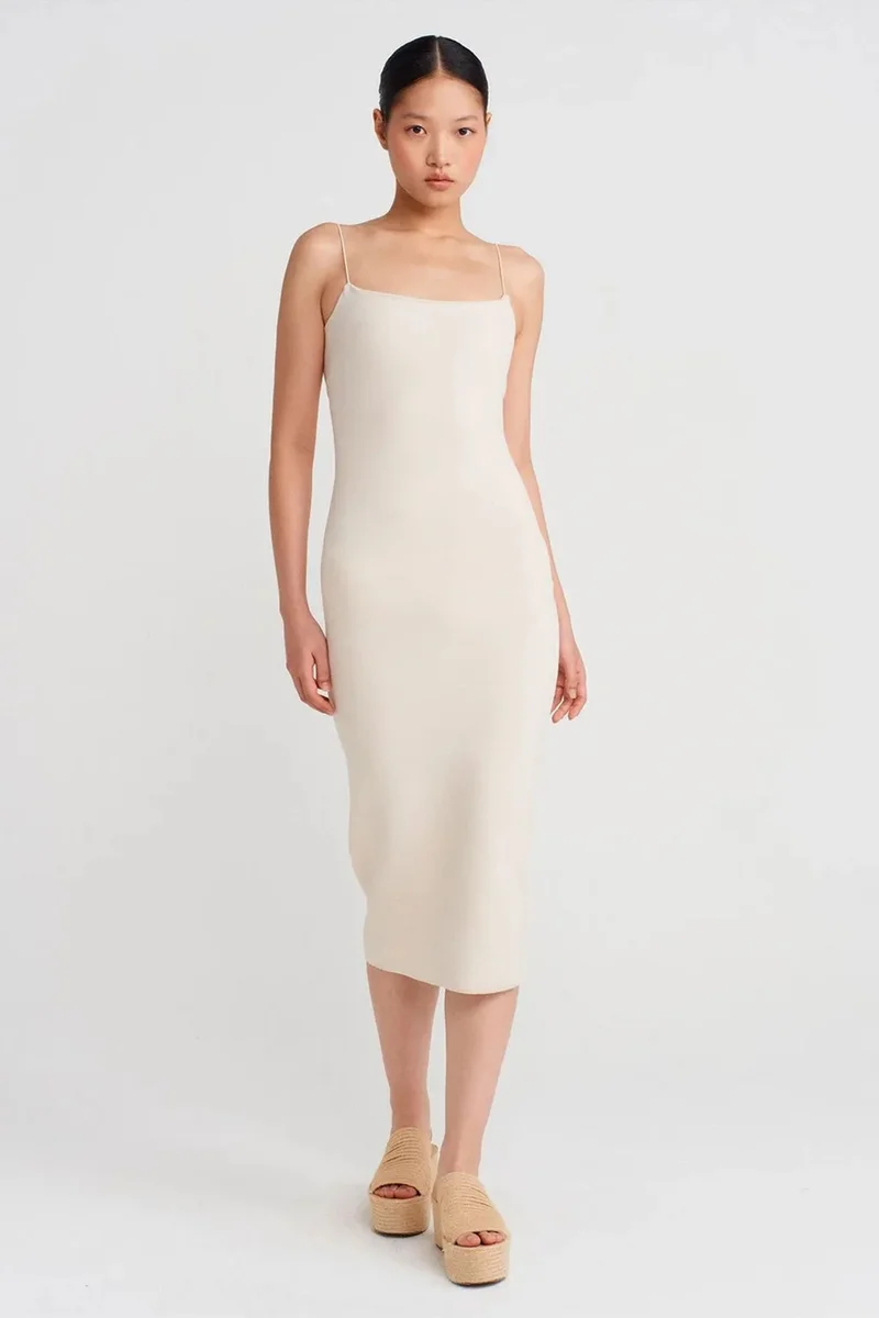Dilvin Cream Natural DILVIN Sleeveless Bodycon Midi Dress With Cut-Out Detail for Women | Best Price UAE