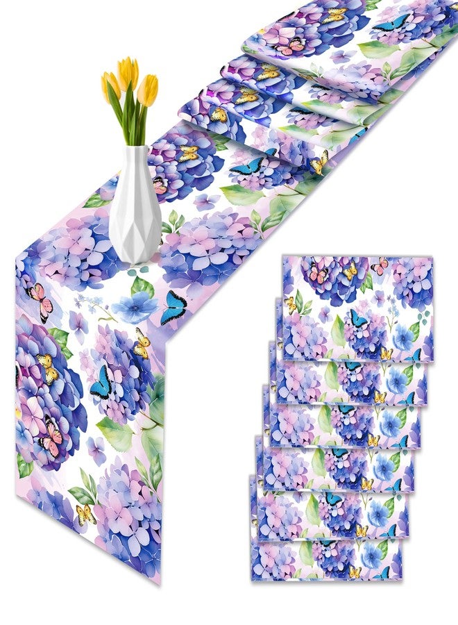 MOZUI 6 Pcs Plastic Purple Hydrangea Table Runner - 14 x 108 Inch Watercolor Floral Spring Summer Seasonal Flower Butterfly Farmhouse Table Center Decor for Spring Easter Summer Party Supplies - Image 1
