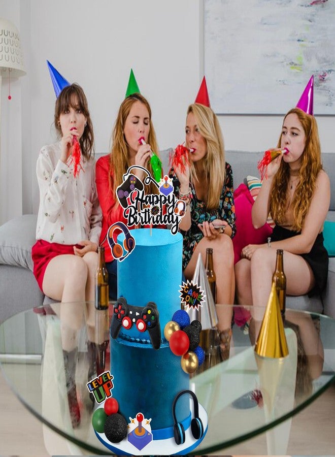TOSPARTY Video Game Cake Toppers Video Game Happy Birthday Controller Headset Cake Decoration Ball Cake Decoration for Game Theme Birthday Party Cake Decoration (Blue Colorful) - Image 3