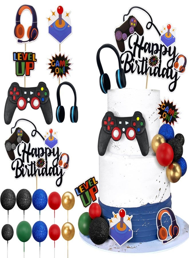 TOSPARTY Video Game Cake Toppers Video Game Happy Birthday Controller Headset Cake Decoration Ball Cake Decoration for Game Theme Birthday Party Cake Decoration (Blue Colorful) - Image 1