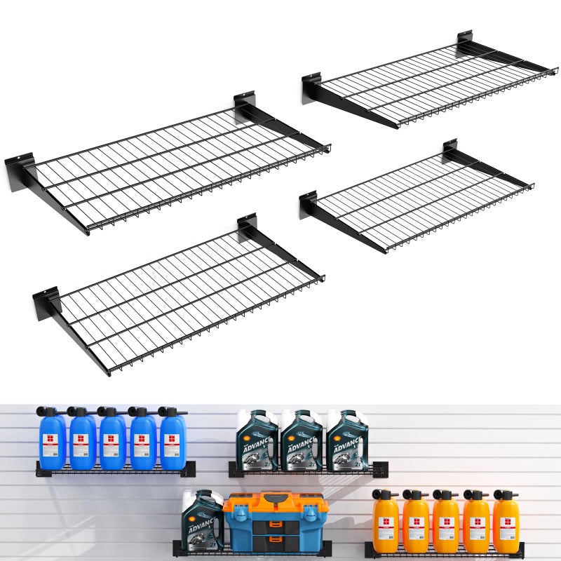 BOBIBAN 4 Pcak Slatwall Shelves 24X16.5 Inch, Heavy Duty Metal Slat Wall Wire Shelf for Retail, Garage, Home Storage, Universal Slatwall Accessories (4PC, Black) - Image 1