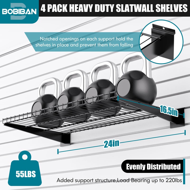 BOBIBAN 4 Pcak Slatwall Shelves 24X16.5 Inch, Heavy Duty Metal Slat Wall Wire Shelf for Retail, Garage, Home Storage, Universal Slatwall Accessories (4PC, Black) - Image 2