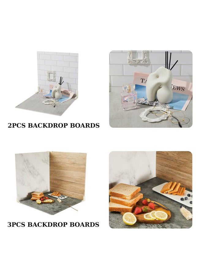 EOAJAFOU - 5PCS Double Sided 10 Patterns Photography Backdrop Boards, 16x16 Inch Waterproof Background Surface with 4 Brackets, Cement Marble Wood Brick Texture Backdrop for Food Jewelry Shooting - Image 1