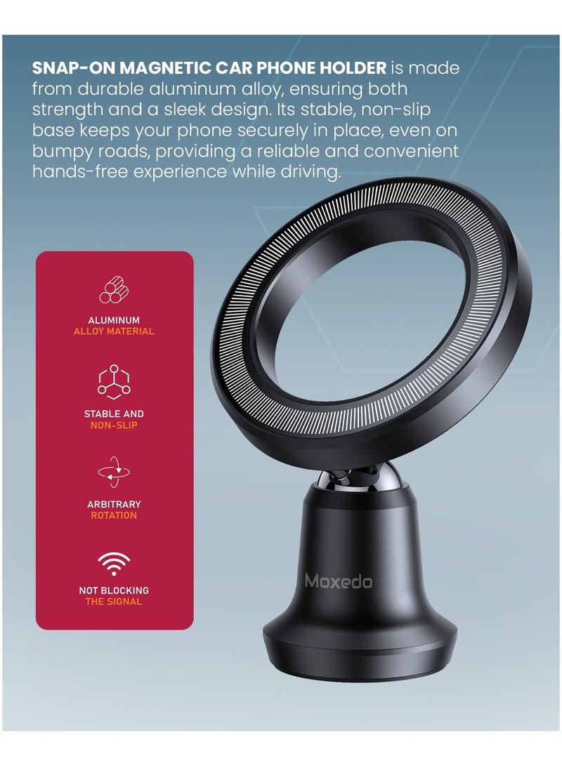 Moxedo Moxedo Magnetic Car Phone Holder for Dashboard | 360° Rotating Snap-On Mount with Strong Magnets for iPhone MagSafe & Android | Hands-Free Holder for 4.7"–7.2" Devices, Aluminum Alloy Design  - Image 4