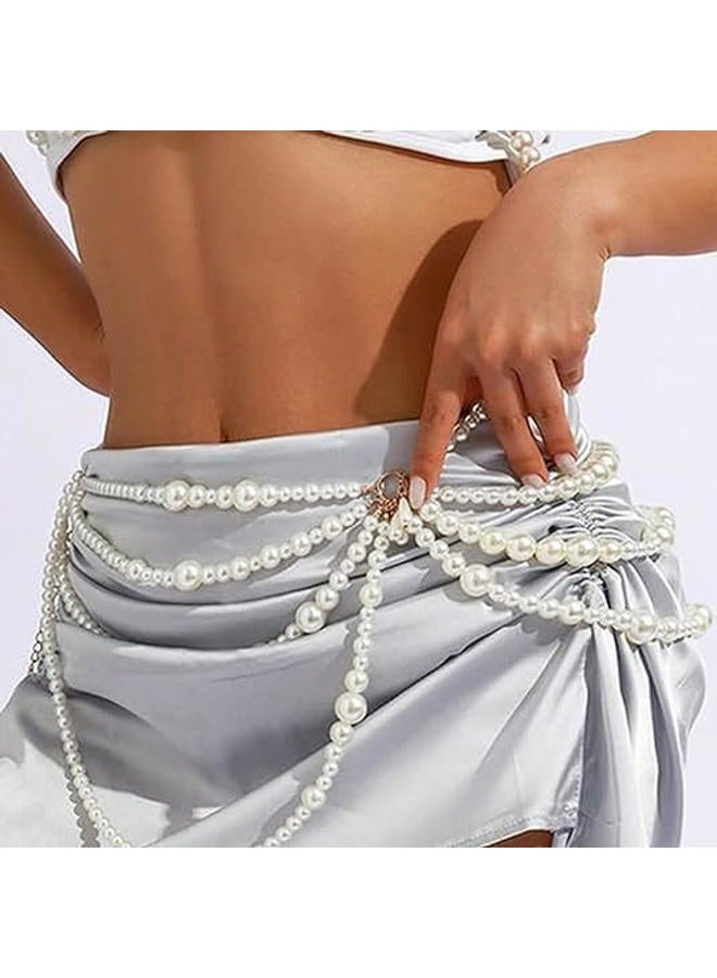 CanB Pearl Waist Chain Layered Belly Body Chains Bikini Belly Chain Beach Rave Party Body Accessories for Women and Girls (B, Pearl) - Image 2