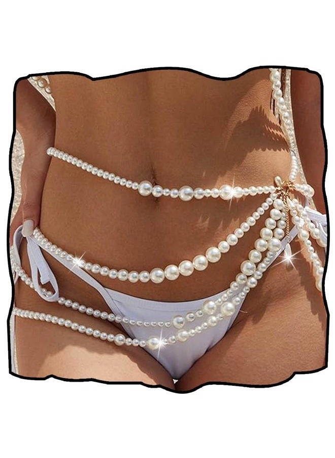 CanB Pearl Waist Chain Layered Belly Body Chains Bikini Belly Chain Beach Rave Party Body Accessories for Women and Girls (B, Pearl) - Image 1