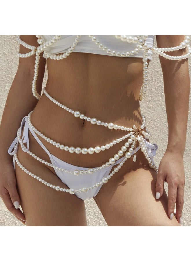 CanB Pearl Waist Chain Layered Belly Body Chains Bikini Belly Chain Beach Rave Party Body Accessories for Women and Girls (B, Pearl) - Image 3
