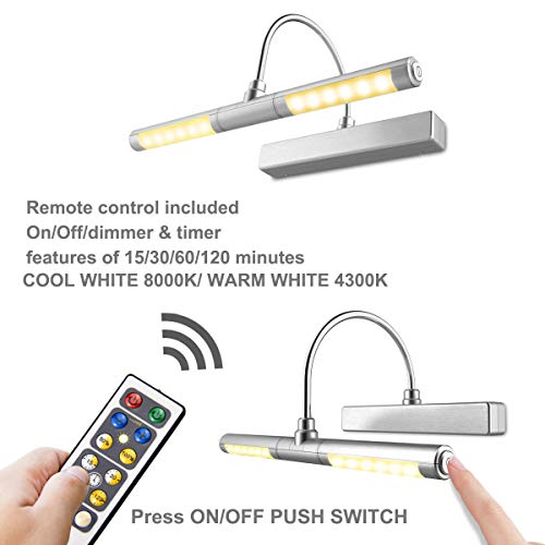 LUXSWAY Wireless Battery Operated Picture Light with Remote Control, Dimmable & Timer, 180° Adjustable Head for Wall Art, Canvas Paintings, Portrait Displays -Silver - Image 4