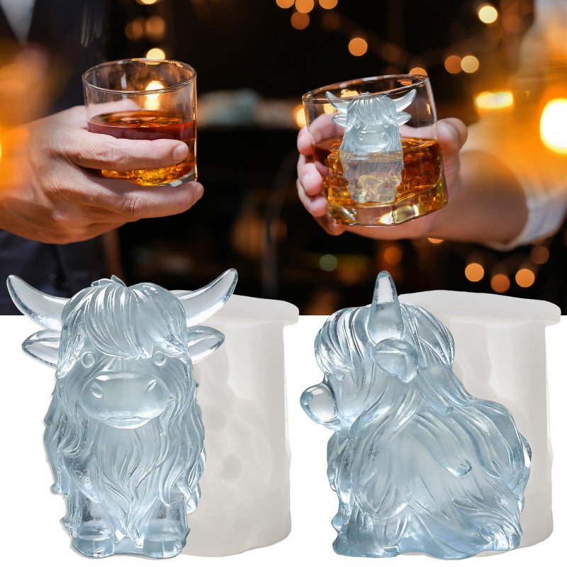 SIUPER 3D Highland Cow Ice Cube Silicone Molds Tray for Whiskey, Cocktail, Drink, Bar; Rich Details. Fun Animal Mold for DIY Taba Squishy Chocolate Soap Candle Resin Gift for Women Girls Boys; 2 Pack - Image 1