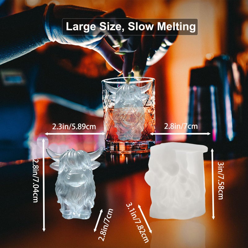 SIUPER 3D Highland Cow Ice Cube Silicone Molds Tray for Whiskey, Cocktail, Drink, Bar; Rich Details. Fun Animal Mold for DIY Taba Squishy Chocolate Soap Candle Resin Gift for Women Girls Boys; 2 Pack - Image 3