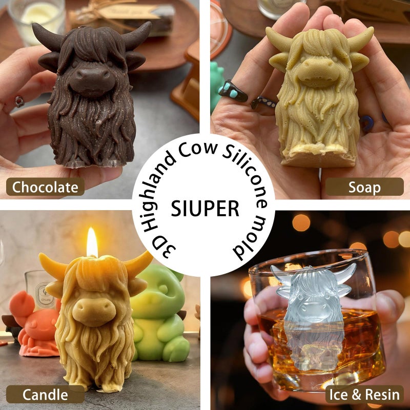 SIUPER 3D Highland Cow Ice Cube Silicone Molds Tray for Whiskey, Cocktail, Drink, Bar; Rich Details. Fun Animal Mold for DIY Taba Squishy Chocolate Soap Candle Resin Gift for Women Girls Boys; 2 Pack - Image 5